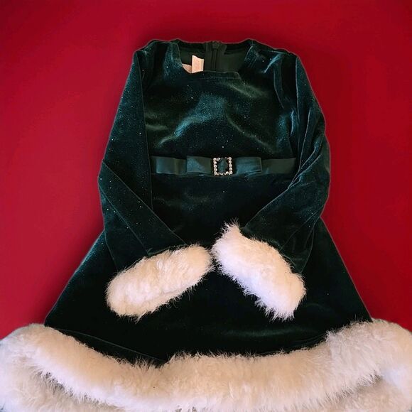 Bonnie Baby Green Velour Christmas Dress With White Faux Fur Size 24 Months - Picture 8 of 10